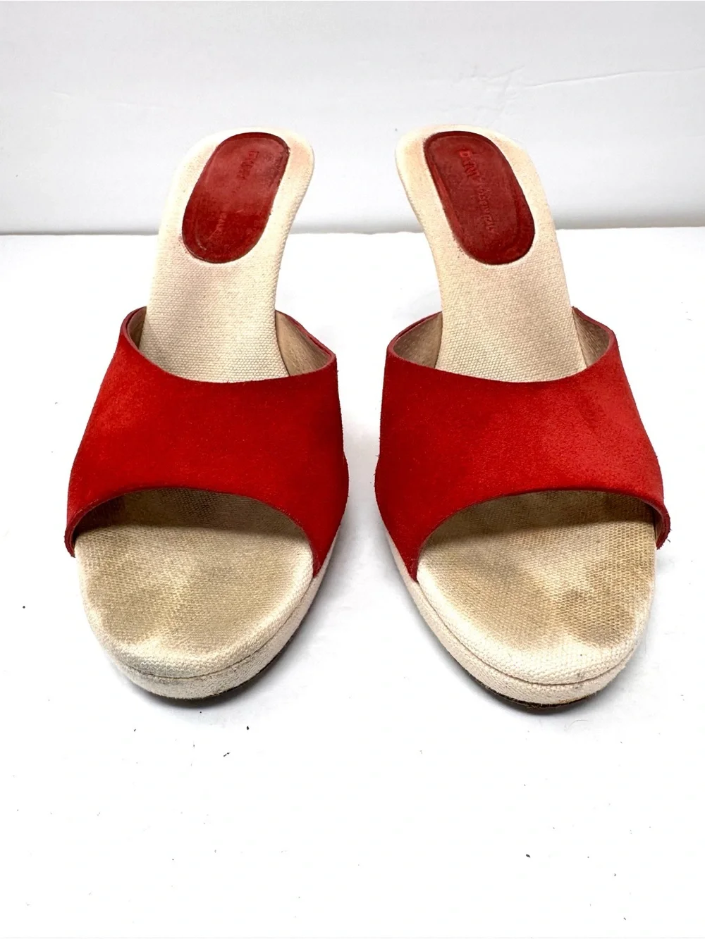 DKNY red suede peep toe wedges, made in Italy, size 9